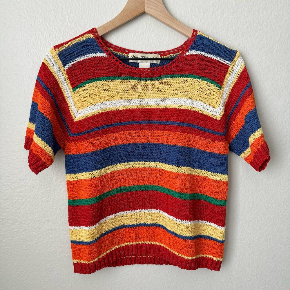 Vintage 90s Norm Thompson Women's Rainbow Crop Top Knit Short Sleeve Size Medium
